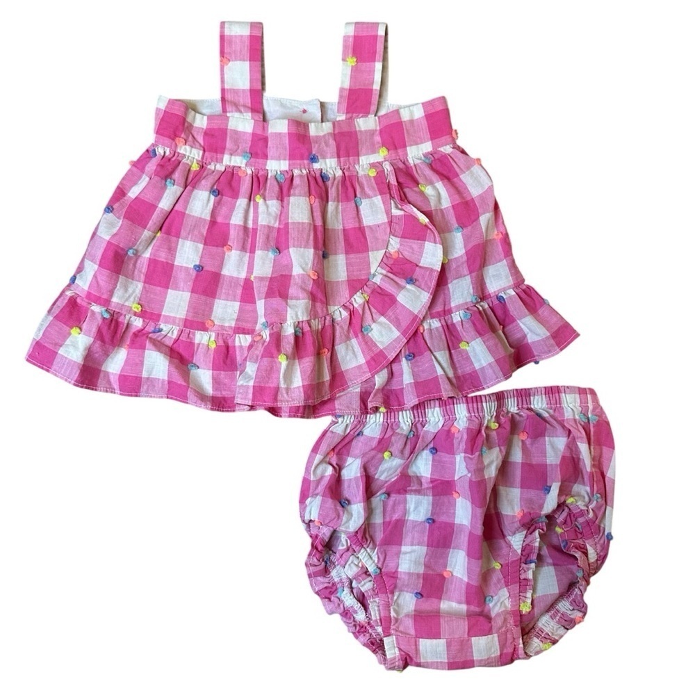 Baby Gap Gingham Plaid Pom Pom Print Ruffle Strappy Top & Matching Shorts